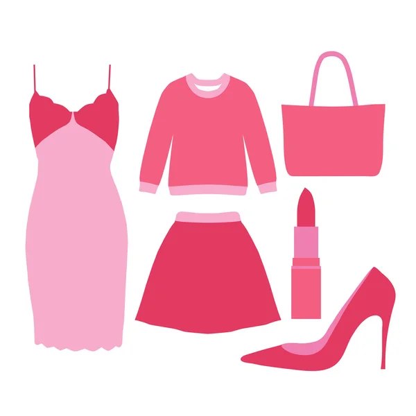 Collection of fashion elements - sweater, lipstick, handbag, high shoe, dress and skirt. Flat style. Glamorous outfits. Pastel soft colors. Vector illustration. — Stock Vector