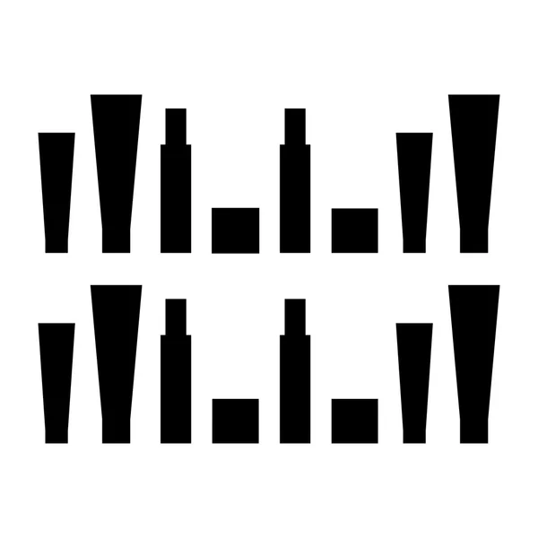 Kozmetik Şişeler koleksiyonu - kremi, vücut losyonu, diş macunu, yüz tonik, şampuan, jel siluetleri. Kozmetik simgeler - düz stil. Basit ve minimalist. Vektör çizim.