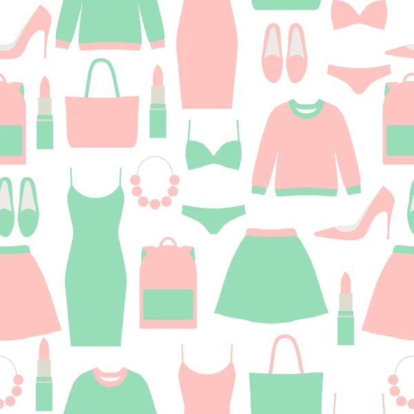 Varrat nélküli divat minta ruhák és kiegészítők. Varrat nélküli divat háttér. Pasztell színek. Egyszerű és minimalista. Vektoros illusztráció. — Stock Vector