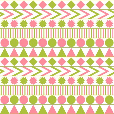 Seamless pattern with geometrical shapes. Abstract colorful bright background with triangles, circles and lines. Pink and green seamless pattern for children. Vector illustration.