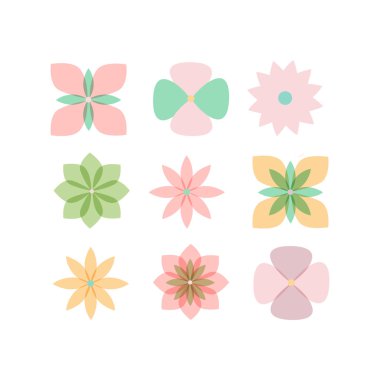 Geometrik stilize çiçekler - tasarım için güzel unsurların koleksiyonu. Çok renkli stilize çiçekler - basit ve minimalist. Vektör çizimi.