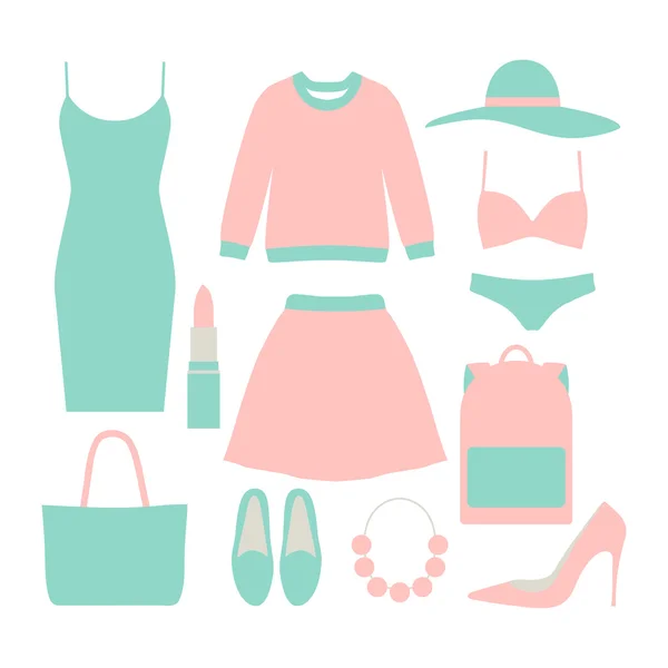 Коллекция элементов моды на белом фоне - свитер, юбка, помада, сумка, шляпа, платье, высокая обувь. Элементы моды плоского стиля. Векторная иллюстрация . — стоковый вектор