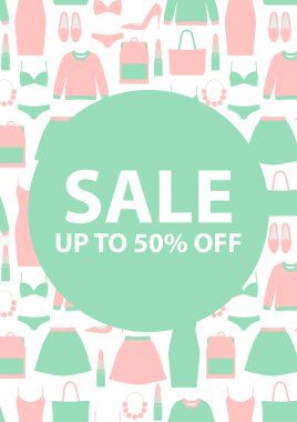 Moda İşletmeciliği - giyim, Aksesuar için poster şablonu reklam. Satılık şablonu. Reklam afişi. Satılık - %50 off kadar. Avertising kadınlar için. Basit ve minimalist vektör çizim.