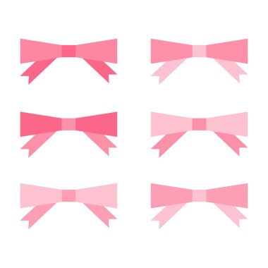 Pembe yay koleksiyonu - moda aksesuarları. Dekoratif tasarım öğeleri. Basit ve minimalist yay. Düz tasarım stili. Vektör çizim.