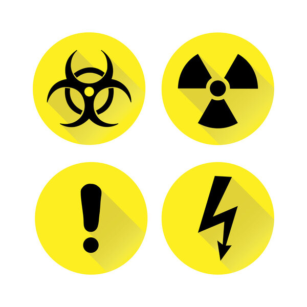 Набор черных предупреждающих знаков на желтых силуэтах. Векторная иллюстрация
