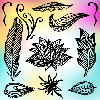 Süs Boho tarzı çerçeveleri ve öğeleri kümesi. Vektör çizim.