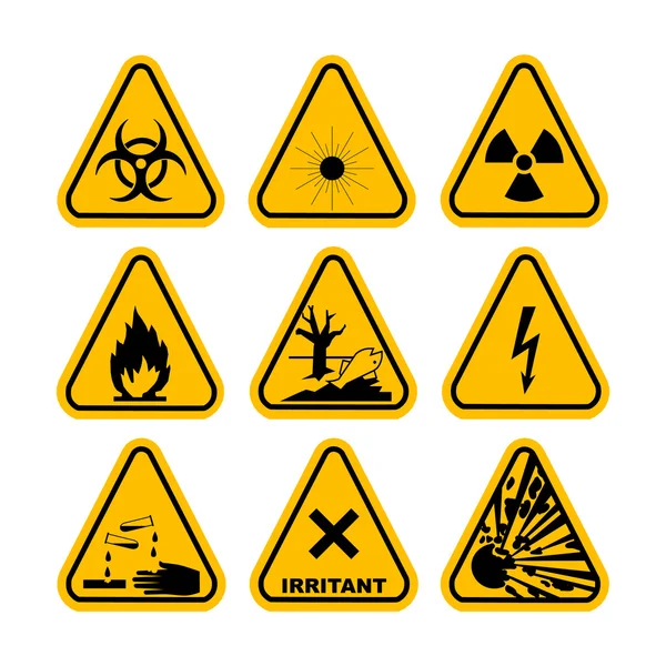Wektorowy zestaw trójkątnych żółtych ikon ostrzegawczych — Wektor stockowy