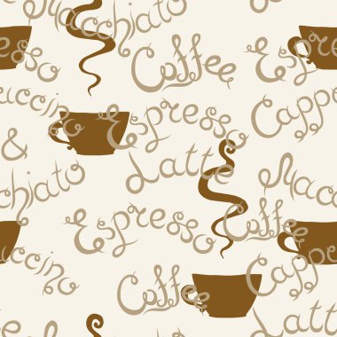 Kahve seamless modeli. Yazı. Latte Macchiato, Espresso, kapuçino. Kahve.