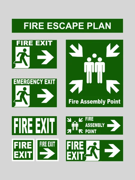 Juego de pancartas de salida de emergencia: salida de incendios, salida de emergencia, punto de ensamblaje de incendios, salida de evacuación para planes de escape de incendios — Vector de stock