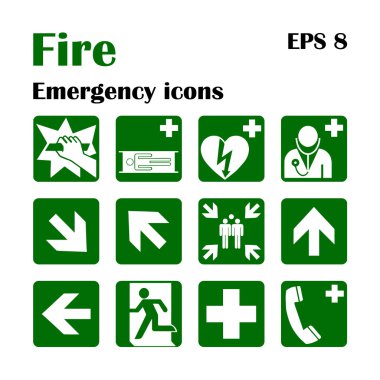 Fire emergency icons. Vector illustration. Fire exit. clipart