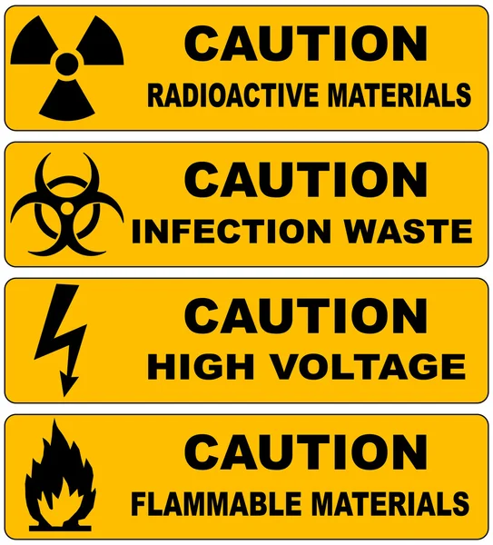 Uwaga znak banery ustawić zakażenia materiałów radioaktywnych materiałów palnych odpadów wysokiego napięcia — Wektor stockowy
