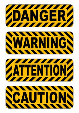 Dikkat, dikkat, uyarı tehlike metin etiketleri etiket vektör çizim