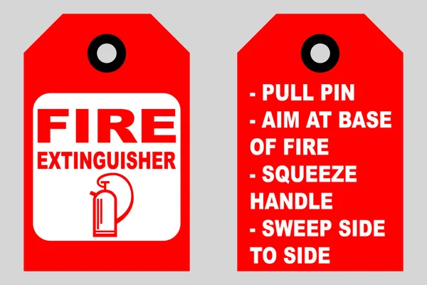 Hogyan kell használni egy tűzoltó készüléket tájékoztató címkék első és hátsó oldalán — Stock Vector