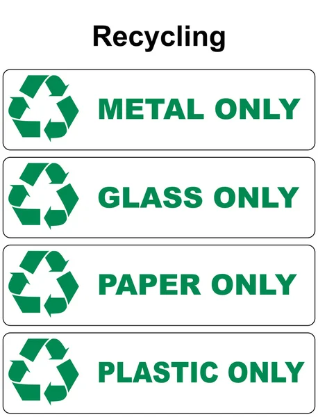 Recycling-Symbol mit verschiedenen Arten von Altglas Altmetall-Kunststoff — Stockvektor