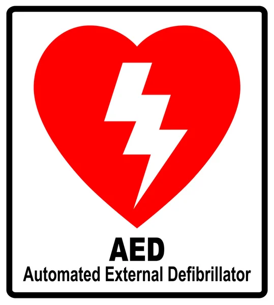 Vector of a red AED Sticker with heart shape and lightning — Stock Vector