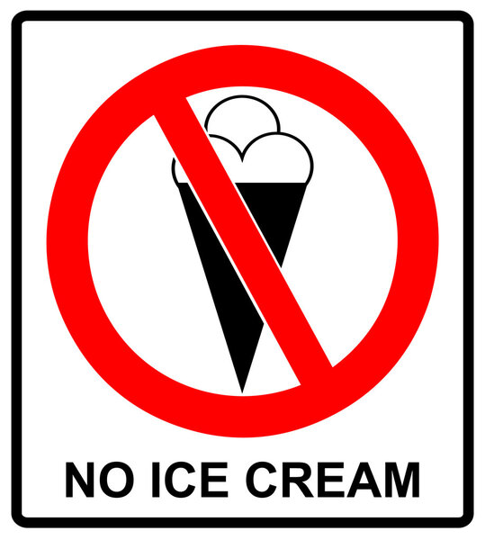 Image of ice cream cone, behind NO sign, on white background Vector symbol