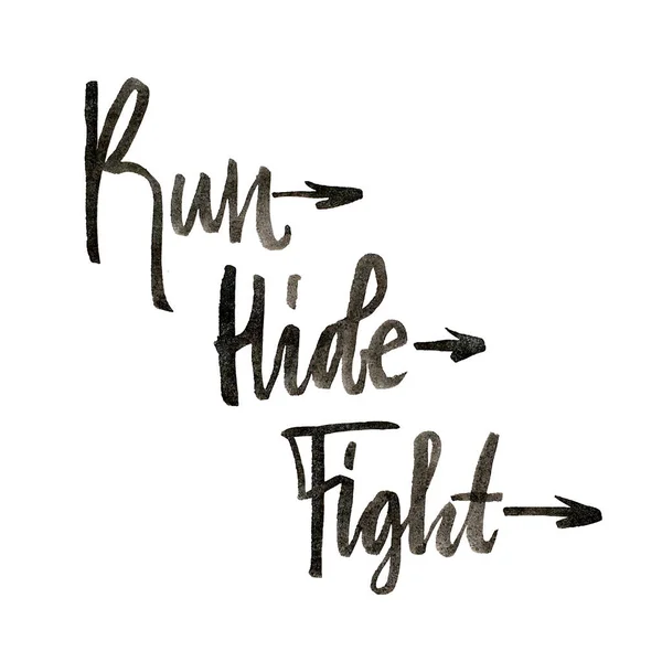 Cours, Hide Fight Lettering. Concept d'urgence pour l'école, les universités6, etc. Bannière d'avertissement contre les terroristes. Illustration haute résolution isolée sur blanc. — Photo