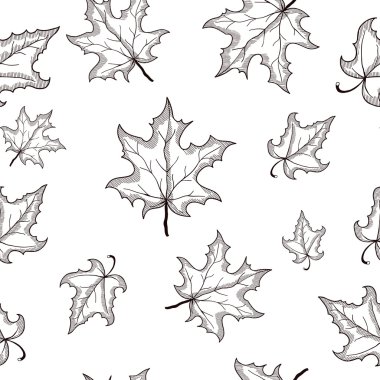 Elle çizilmiş siyah doodle akçaağaç ile Dikişsiz desen vektör çizimler bırakır. Dekoratif meşe arka plan