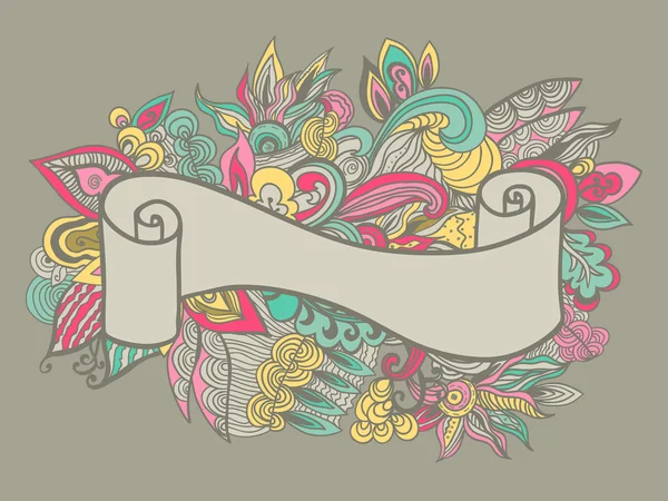 Ruban dessiné à la main sur le fond doole floral. Illustration vectorielle . — Image vectorielle