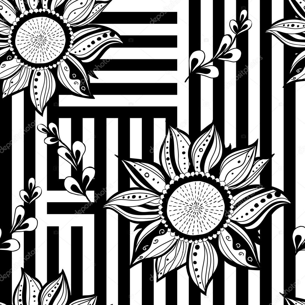 Black white florews seamless background. Modern style. Vector illustration.