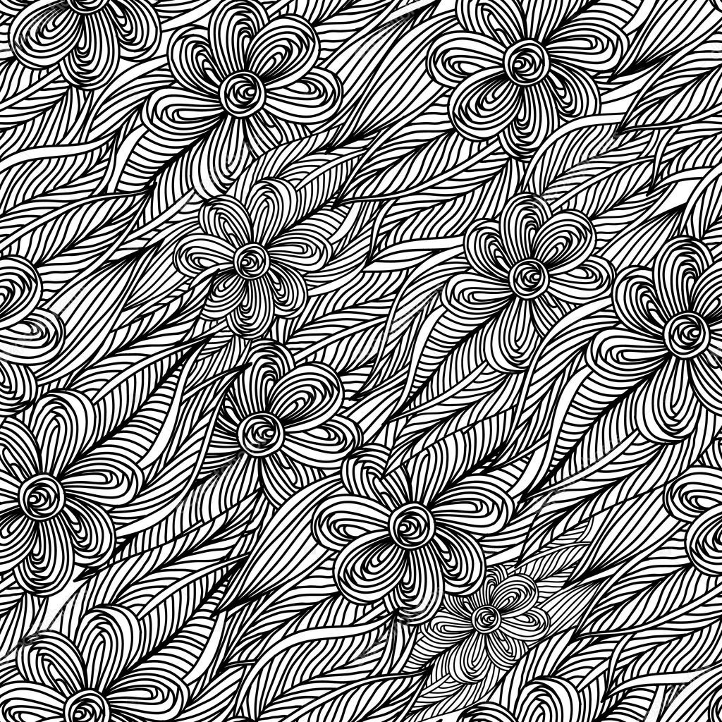 Reticolo disegnato a mano senza giunte creativo ¨ posto da fiori stilizzati in bianchi e nero