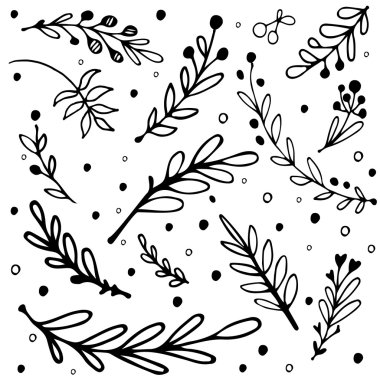 Elle çizilmiş dallar kümesi. Mürekkep çizim.