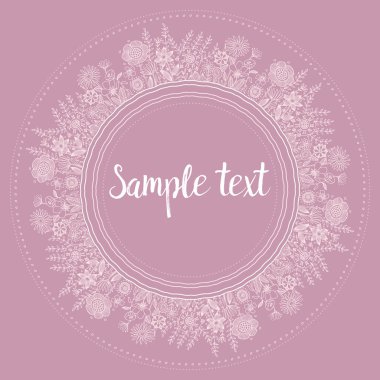 Elle çizilmiş doodle pembe çiçekler mor davet şablonu. Vintage kartı.