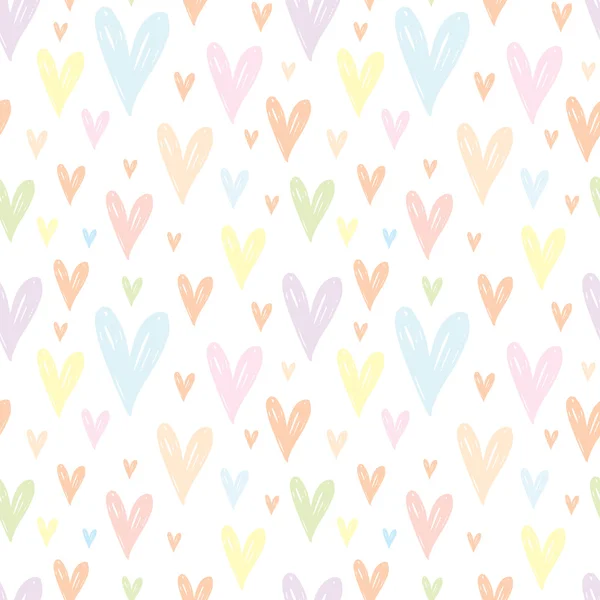 Vector seamless pattern with hand drawn colored hearts. Heart colored in pale colors. Pink,purple, blue, yellow, green. — Stock Vector