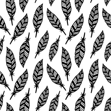 Elle çizilmiş tüy seamless modeli. Ambalaj kağıt, tekstil, kumaş, duvar kağıdı için tek renkli tüy desen.