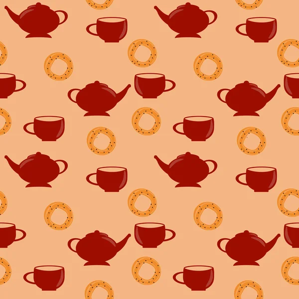 Patrón sin costuras con tetera roja y taza y pretzel dulce — Vector de stock