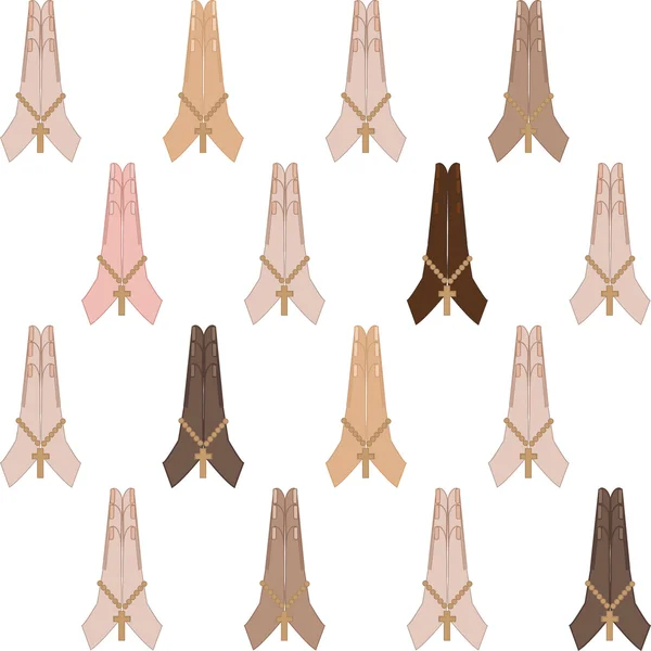 Mãos batendo palmas de diferentes cores de pele com cruz — Vetor de Stock