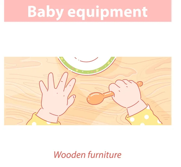 Mãos de bebé na mesa de madeira. Equipamento para bebés —  Vetores de Stock