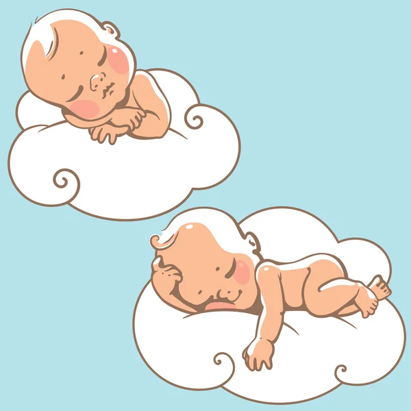 Dos bebés lindos durmiendo en una nube blanca . — Vector de stock