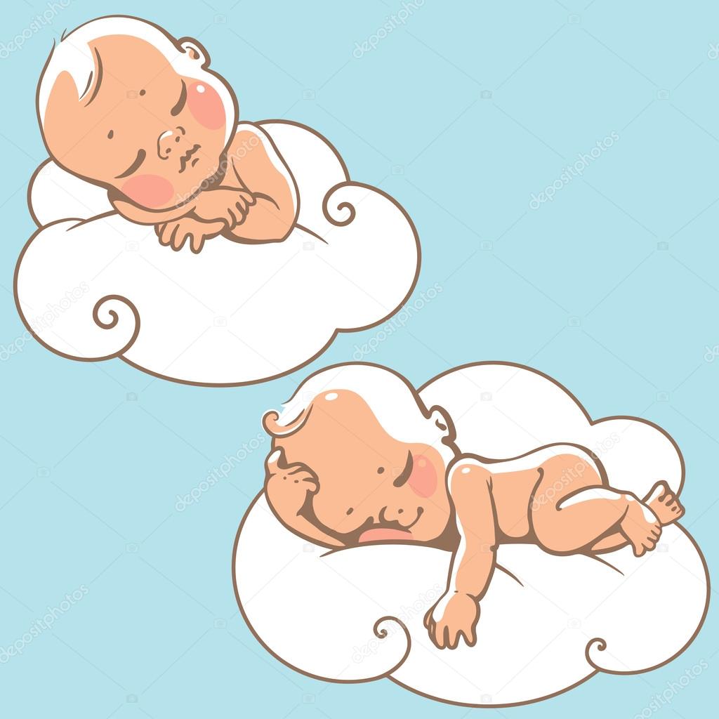Two cute little babies sleeping on white cloud.