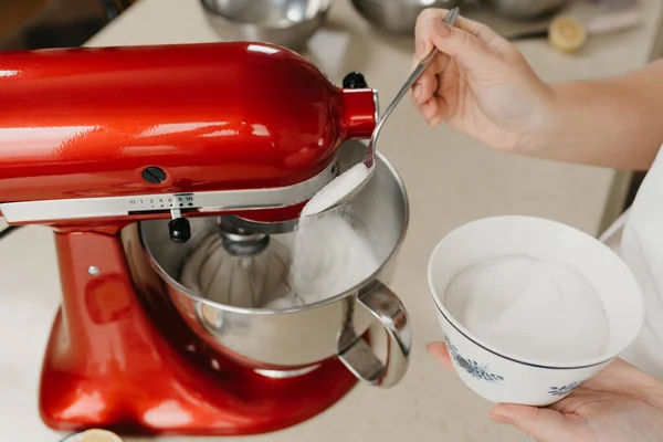 Close Photo Hands Young Woman Who Spooning Sugar Stainless Steel — Stock Photo, Image