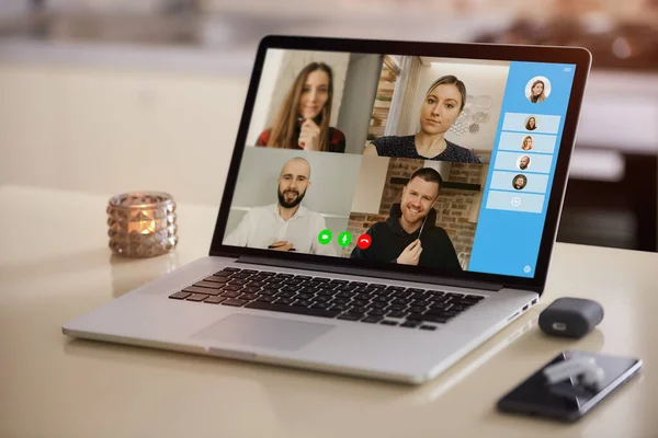 Une Vue Écran Ordinateur Portable Application Télécommunications Lors Une Réunion — Photo