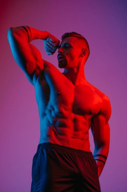 Sakallı bir vücut geliştirici mavi ve kırmızı ışığın altında kaslarını esneterek poz veriyor. Atletik bir adam spor gövdesini gösteriyor. Antrenmandan sonra şort giyen bir sporcu..