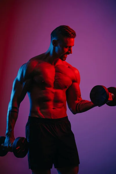 Muscular Man Beard Who Doing Bicep Curls Dumbbells Blue Red — Stock Photo, Image