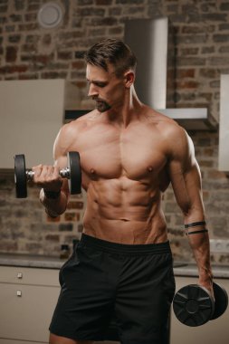 Sakallı kaslı bir adam dairesinde dambıllarıyla pazılarını eğitiyor. Kollarında dövme olan bir vücut geliştirici evde kol egzersizi yaparken ısınıyor. Çıplak gövdeli bir sporcu.