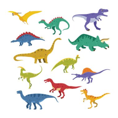 Farklı dinozor türlerinden canlı bir çeşitlilik, her biri çocuk teması için mükemmel, eğlenceli ve basitleştirilmiş çizgi film çizimi tarzında yapılmış.