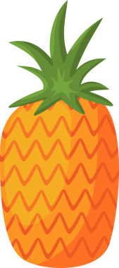 Bir ananasın neşeli ve stilize çizgi film çizimi, parlak turuncu ve sarı desenli cilt, gür yeşil dikenli yapraklar ile kaplı