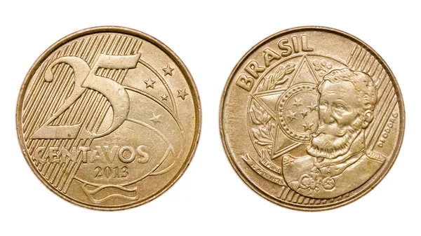 Veinticinco centavos reales brasileños cara delantera y cara trasera de moneda — Foto de Stock