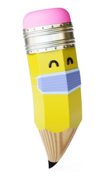 Beyaz Arkaplanda İzole Edilmiş Bir Cerrahi Maske Kullanarak Bir Çizgi Filmin 3 Boyutlu Çizimi, Kesme Yolu ile Okula Dönüş Konsepti.