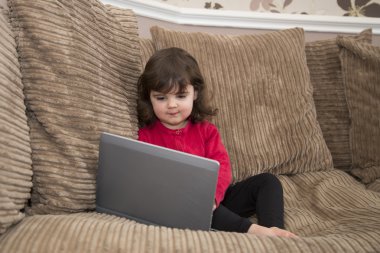 Kanepede dizüstü bilgisayar ekranına bakarak kızlar