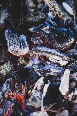 Texture Background Of Burning Wood Bonfire With Coals In Brazier Outdoor Close Up.
