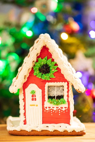 Cute Christmas Gingerbread House Wooden Table Background Christmas Tree Burning Stok Fotoğraf