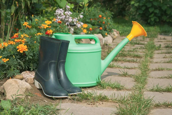 Rubber Boots Plastic Watering Can Flower Garden Summer — Foto de Stock