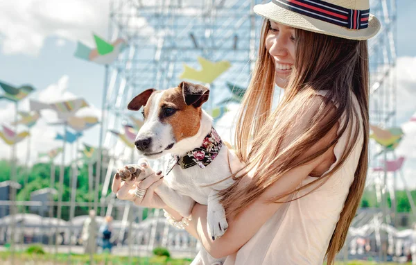 Jack Russell Terrier with beautiful woman — Stock Photo, Image