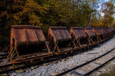 Çürümüş eski paslanmış tren, Maden ve endüstriyel demiryolu açık hava müzesi Solvayovy lomy (Solvayovy lomy), Saint John altında (Svaty Jan pod Skalou), Çek Cumhuriyeti, 24 Ekim 2020