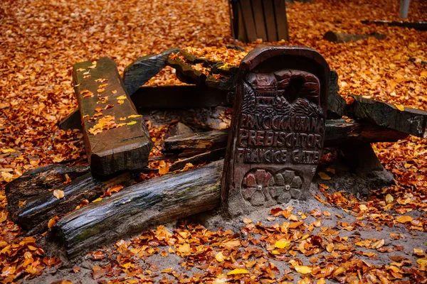 Dřevěný Stůl Lavičkami Podzimním Parku Pod Podzimním Listím Kempování Lese — Stock fotografie